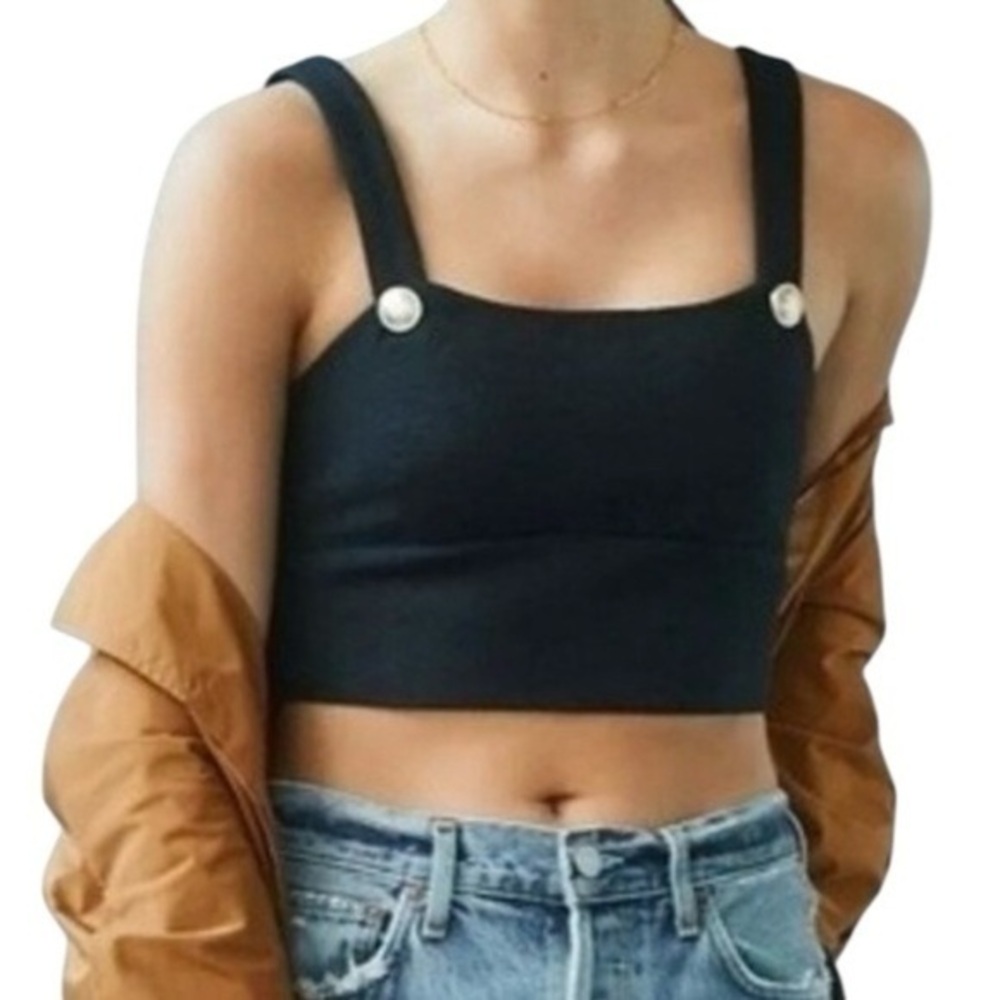 Anthropologie Maeve Textured Black Crop Top Smocked Back Gold Buttons Size 4